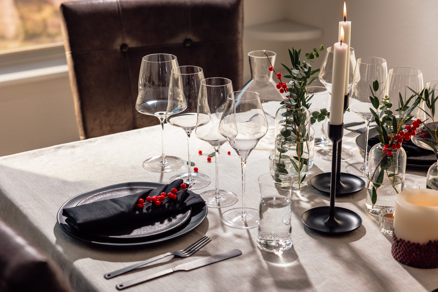 Josephine hand blown glassware being used at a dinner party 