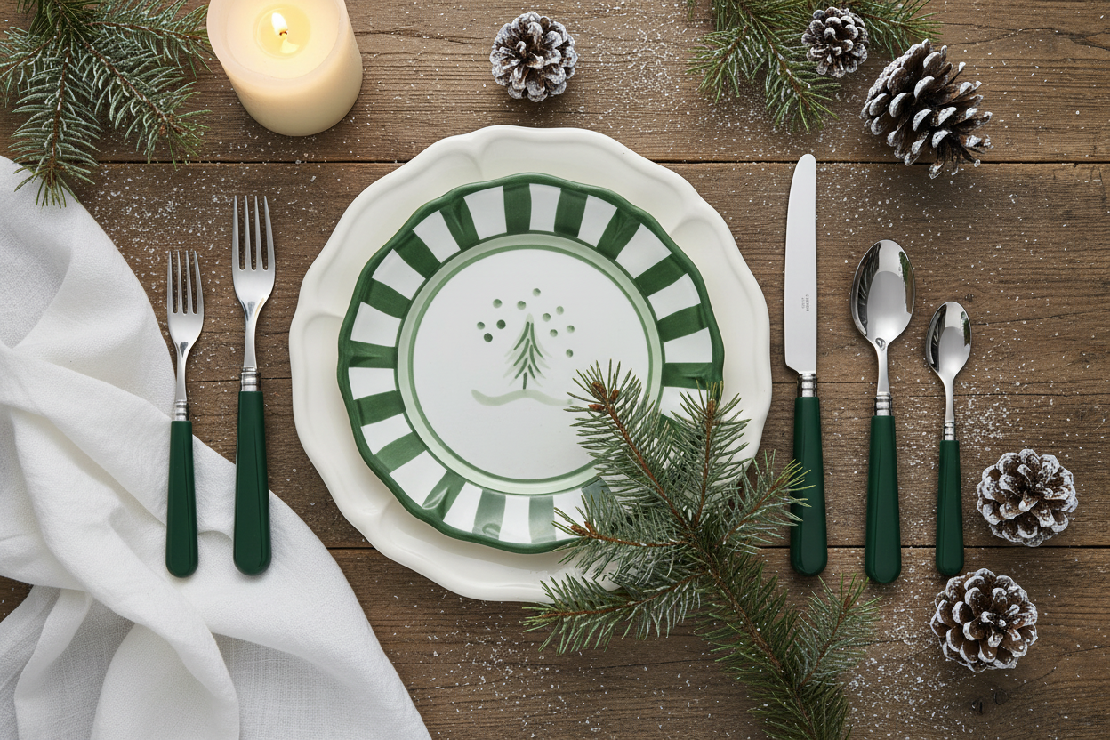 A festive tabletop setting with a white ceramic dinner plate and a ceramic salad plate featuring green stripes and a small tree motif, accompanied by matching green-handled silverware, a white napkin, pine branches, pinecones, and a lit candle on a rustic wooden surface.