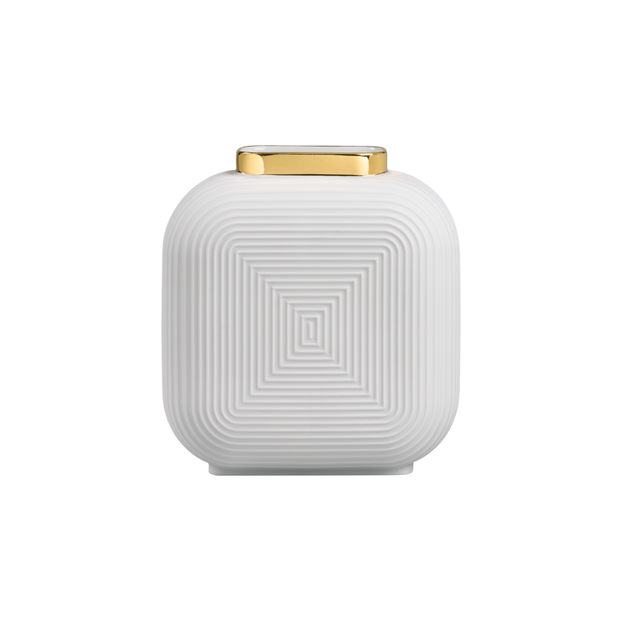 A luxury white porcelain vase with a geometric relief pattern and a golden rim at the top edge, displayed against a plain background.