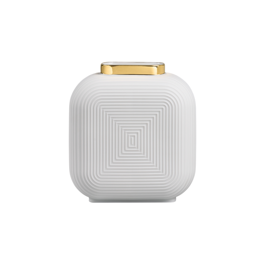 A luxury white porcelain vase with a geometric relief pattern and a golden rim at the top edge, displayed against a plain background.