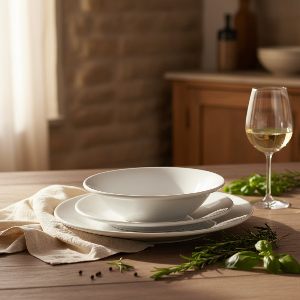 A stack of white ceramic dinnerware, including a deep bowl, two plates, and a charger plate, set on a wooden tabletop.