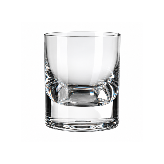 A clear acrylic rocks tumbler with a thick base, photographed on a seamless white background.