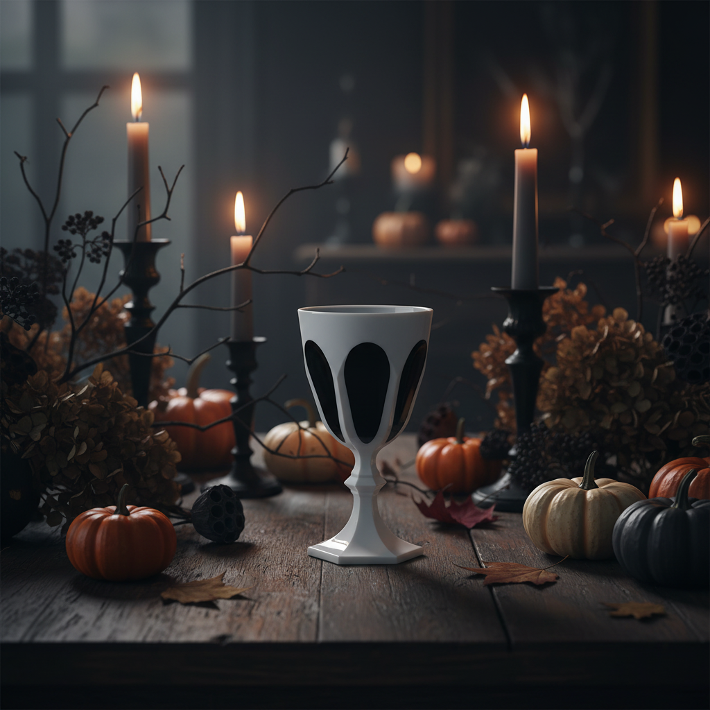 A white goblet with black teardrop-shaped cutouts sits on a rustic wooden table surrounded by lit candles, small pumpkins, dried flowers, and autumn leaves in a moody, dimly lit Halloween setting.