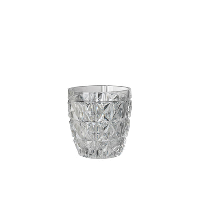A clear acrylic tumbler with a geometric pattern design, resembling crystal drinkware, displayed against a neutral background.