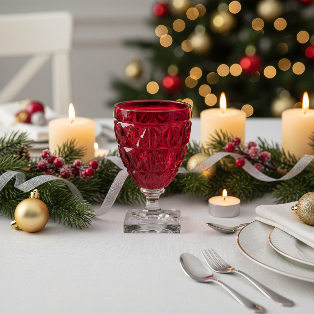 Red acrylic goblet on a festive Christmas table with candles and decorations.