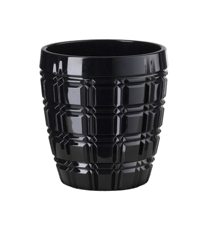 A black acrylic tumbler with a geometric pattern.