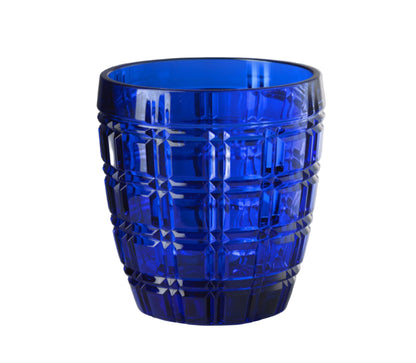 A blue translucent acrylic tumbler with a geometric pattern.