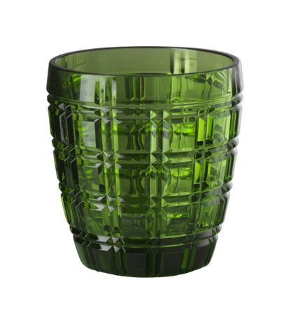A green translucent acrylic tumbler with a geometric pattern.