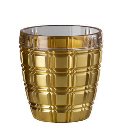 A gold acrylic tumbler with a geometric pattern.