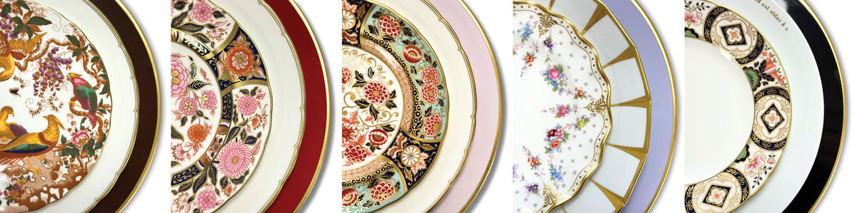 Six decorative table settings shown in a close-up side-by-side arrangement, each with different floral and geometric patterns, rims, and glazes.