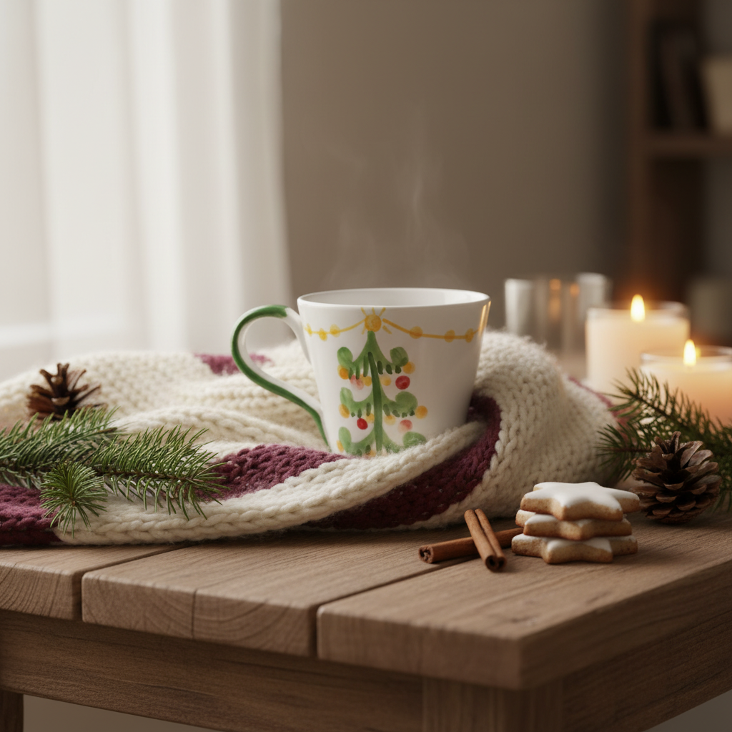 Steaming mug with Christmas design on a wooden table with cookies and candles