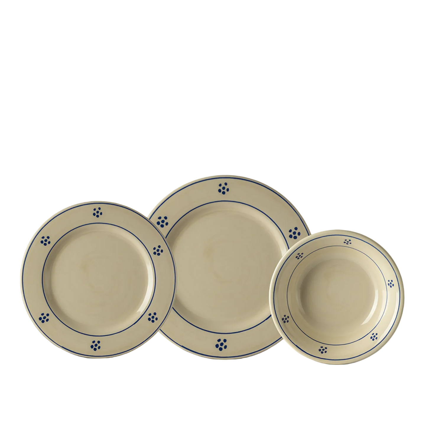 A set of melamine dinnerware including a dinner plate, salad/dessert plate, and bowl, each decorated with a simple floral border in beige, blue, green, and red colors.