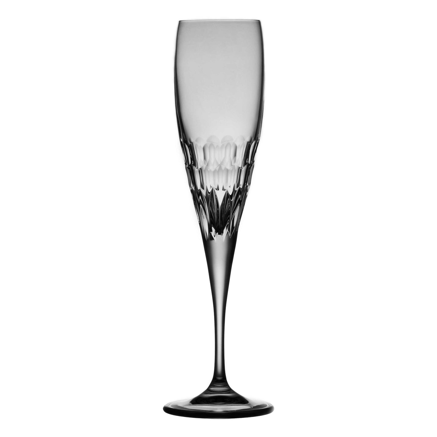Clear crystal champagne flute on a white background