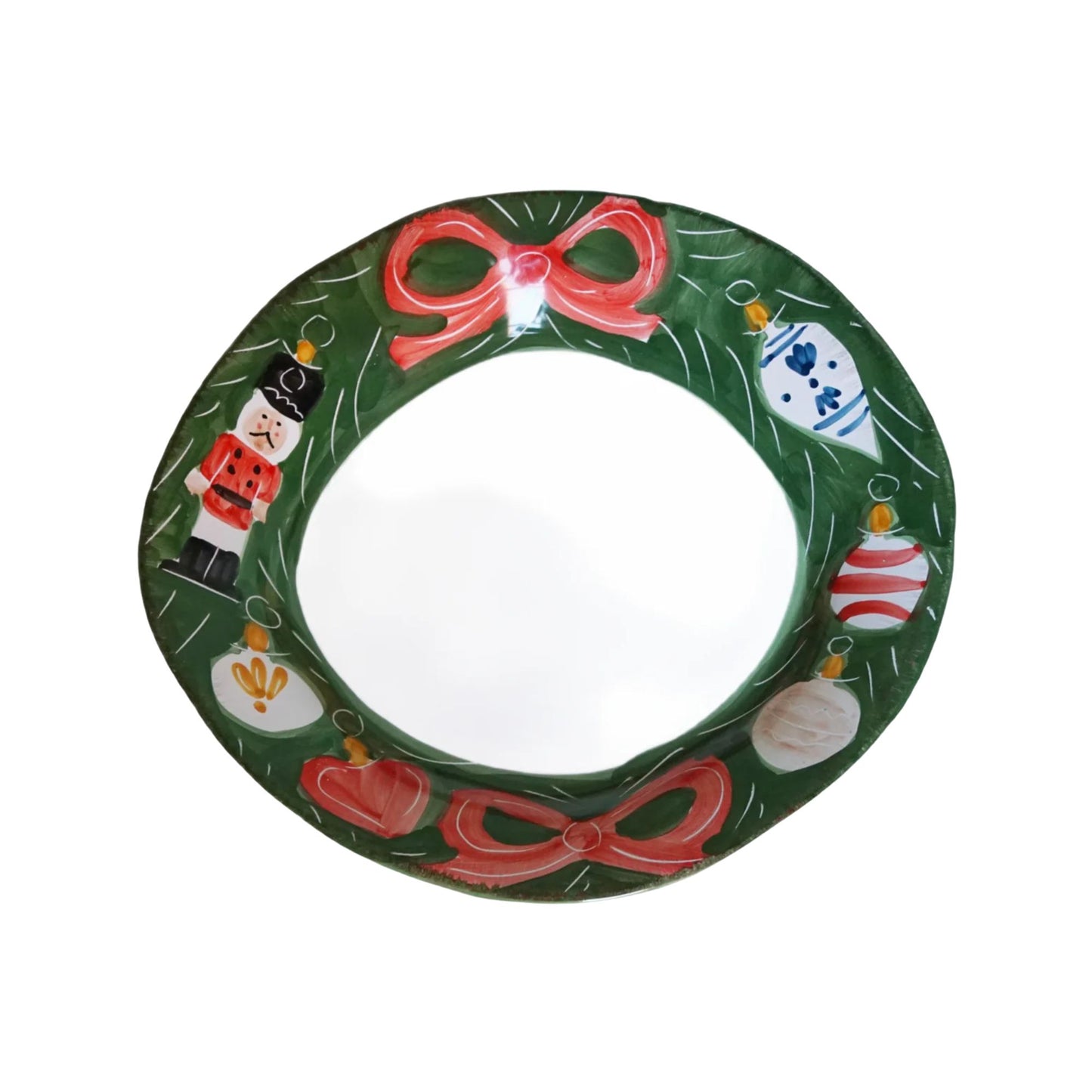 Decorative serving platter shaped like a Christmas wreath with Christmas ornaments and bows