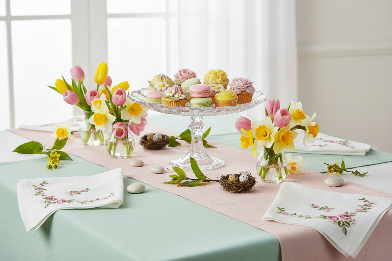 Easter-themed table setting with pastel colors, flowers, and cupcakes.