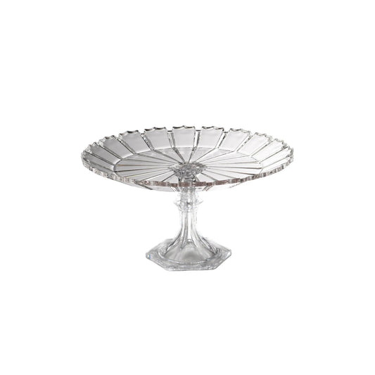 Clear acrylic cake stand on a white background