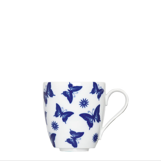 Mug with blue butterfly design and white handle