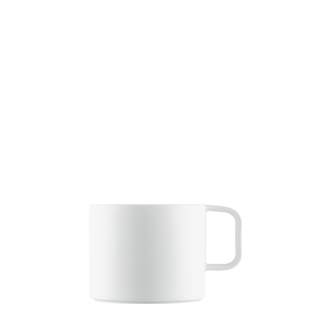A white porcelain coffee mug with a modern design, part of the DATUM drinkware series.