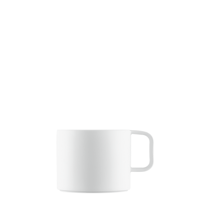 A white porcelain coffee mug with a modern design, part of the DATUM drinkware series.