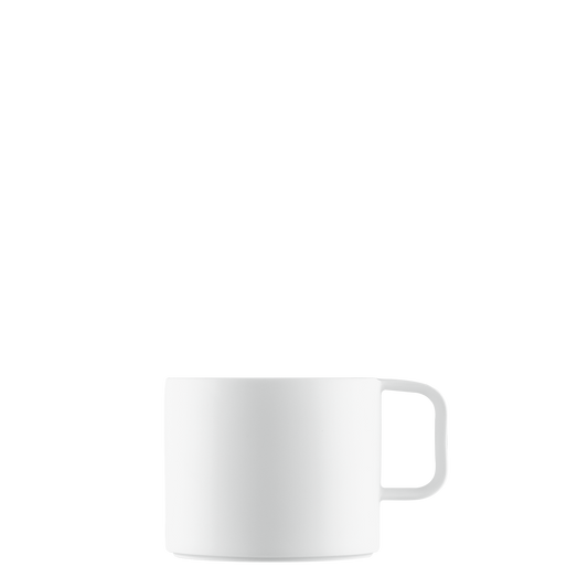 A white porcelain coffee mug with a modern design, part of the DATUM drinkware series.