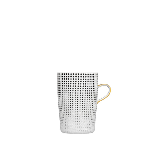 A white porcelain mug with black and gold geometric patterns on it, with a modern design.
