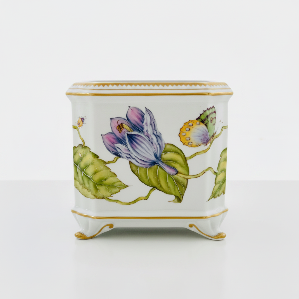 Hand Painted Cachepots, Square - Purple/Blue Flower with Yellow/Green Butterfly