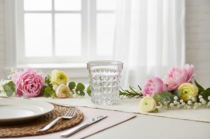 Spring table setting with flowers and an acrylic glass on a white surface
