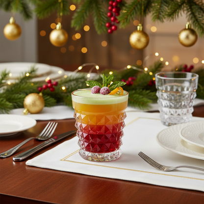 Colorful layered drink in a textured glass on a festive table with Christmas decorations.