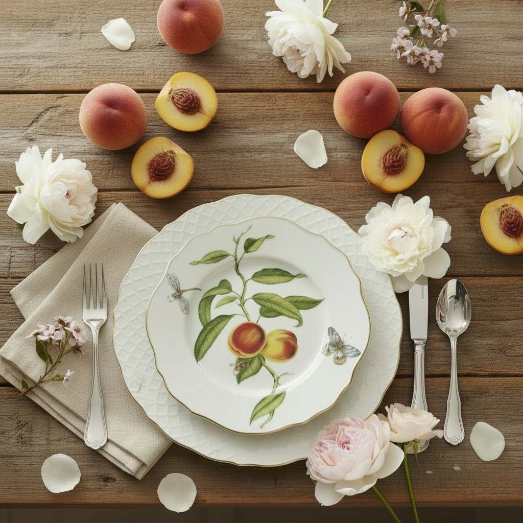 Table setting with decorative plates, peaches, and flowers on a wooden surface