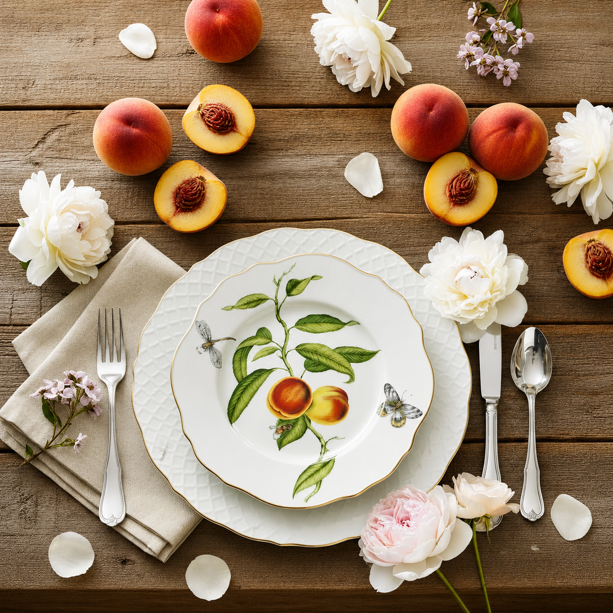 Table setting with a decorative plate featuring peach illustrations, surrounded by peaches, flowers, and cutlery on a wooden surface.