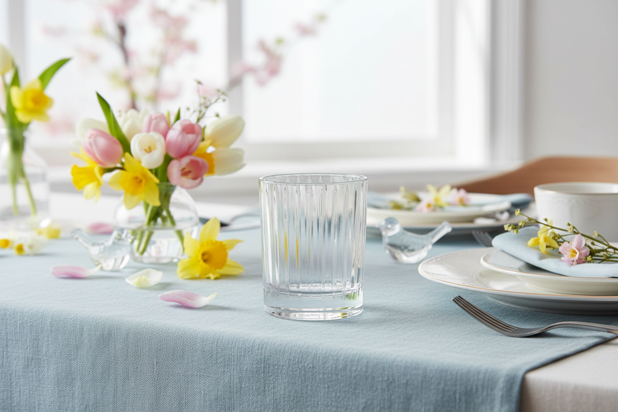Spring dining table setting with flowers, glasses, and plates on a light blue tablecloth.