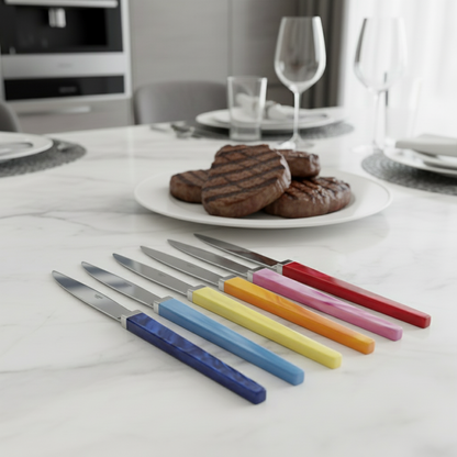 Colorful steak knives on a table with grilled steaks and wine glasses in the background.