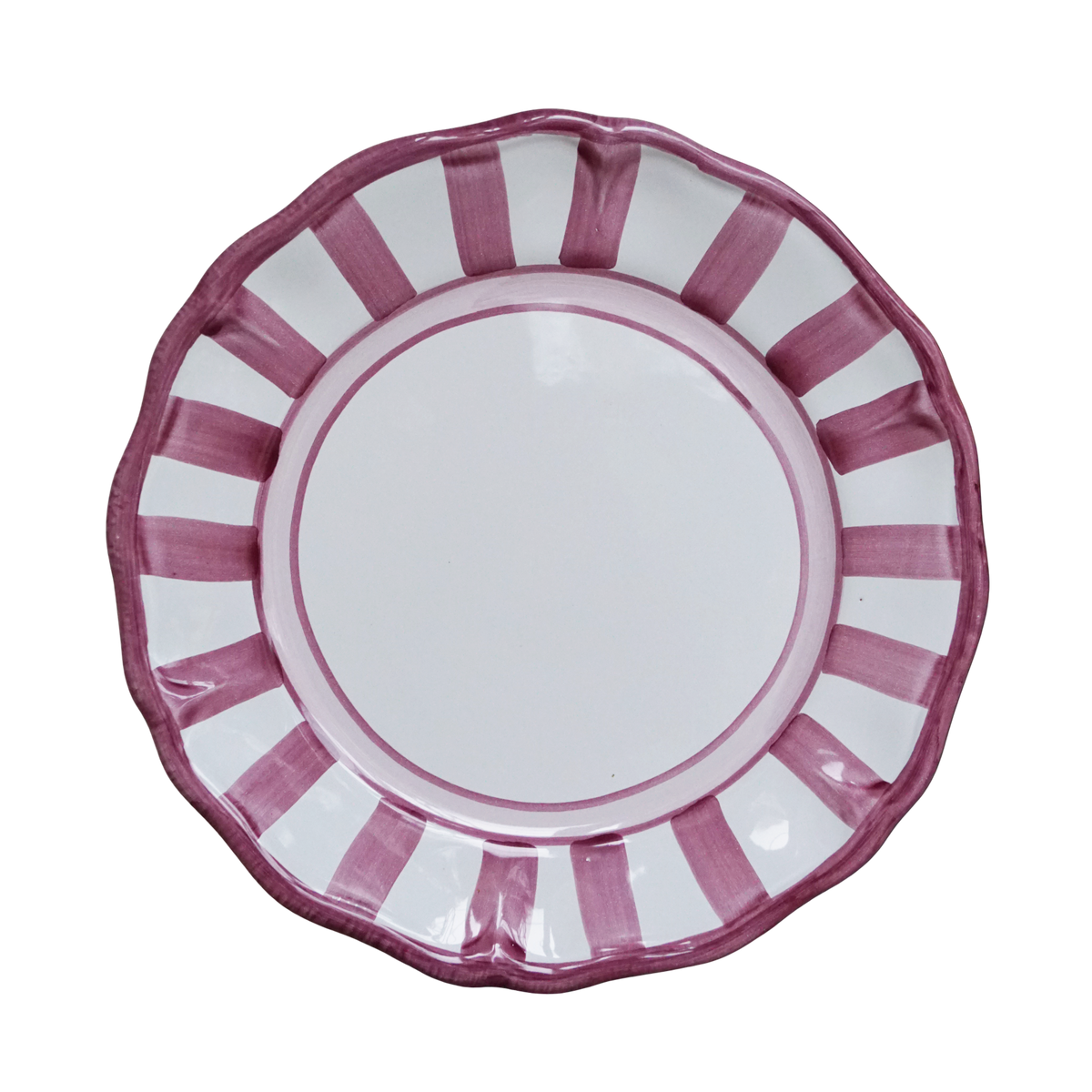 White ceramic plate with purple stripes on a white background