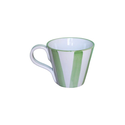 Green and white striped mug on a white background