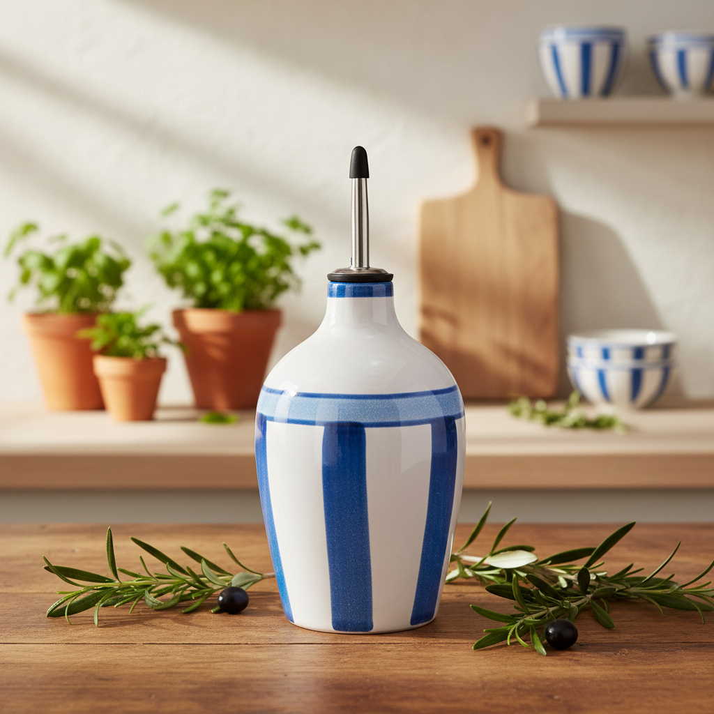 White and blue striped ceramic oil bottle on a wooden surface with kitchen background