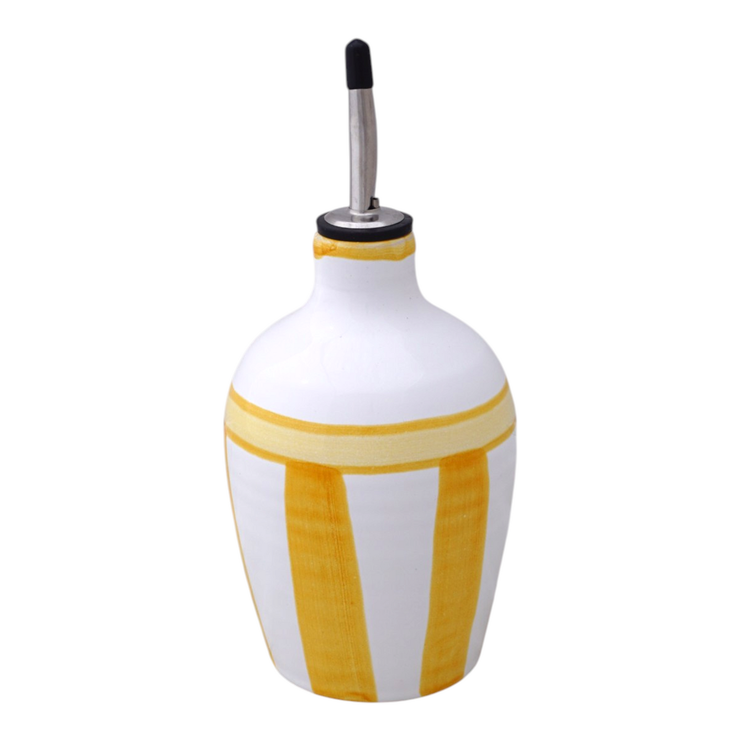 La Gabbianella white and yellow striped ceramic oil bottle with a black cap on a white background