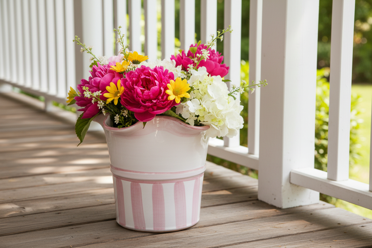 Striped pink and white ceramic planter filled with colorful flowers on a wooden deck.