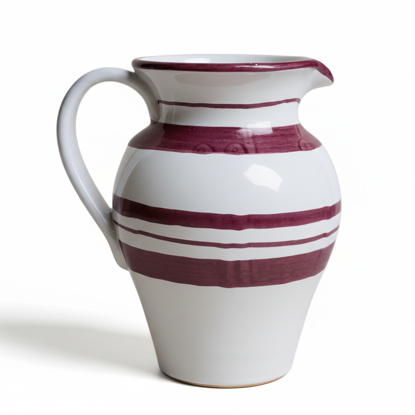 White ceramic pitcher with purple stripes 