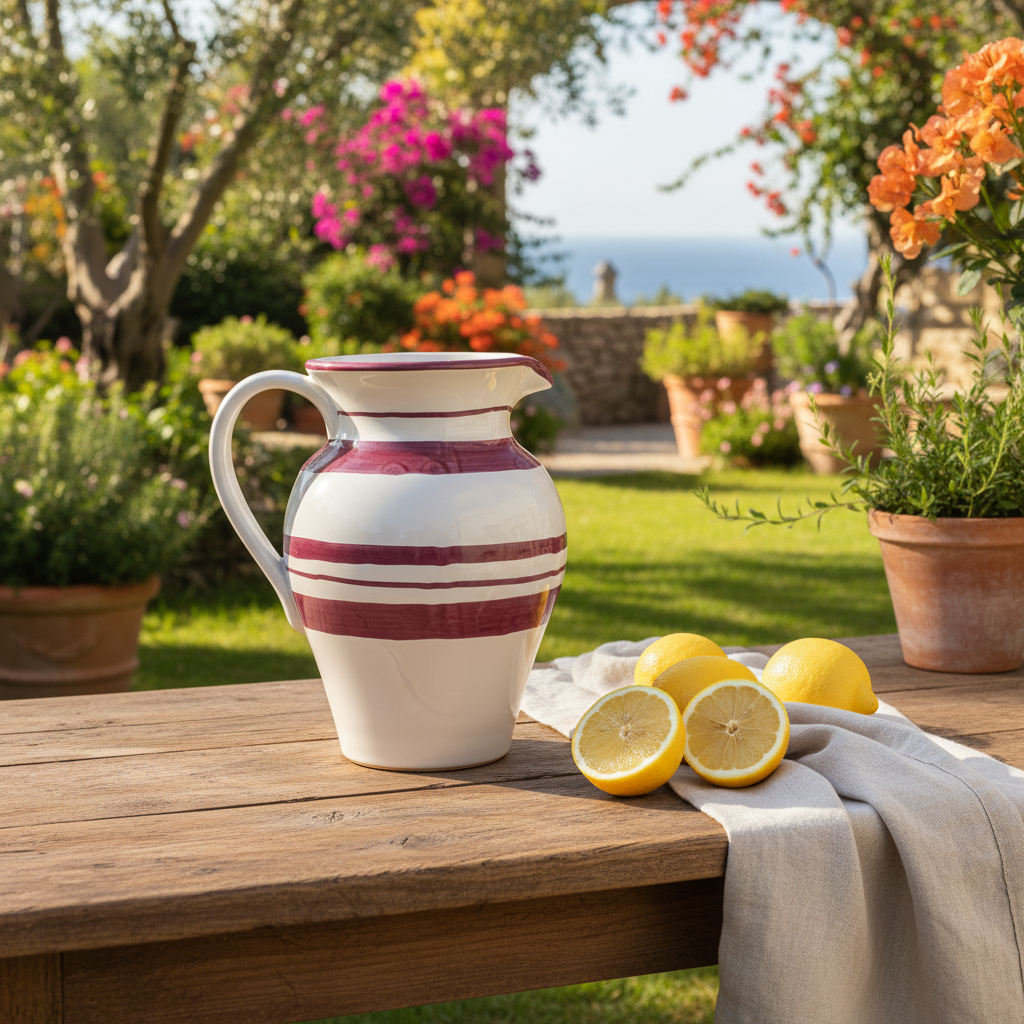 Decorative ceramic pitcher with purple stripes on a wooden table outdoors, surrounded by flowers and plants.
