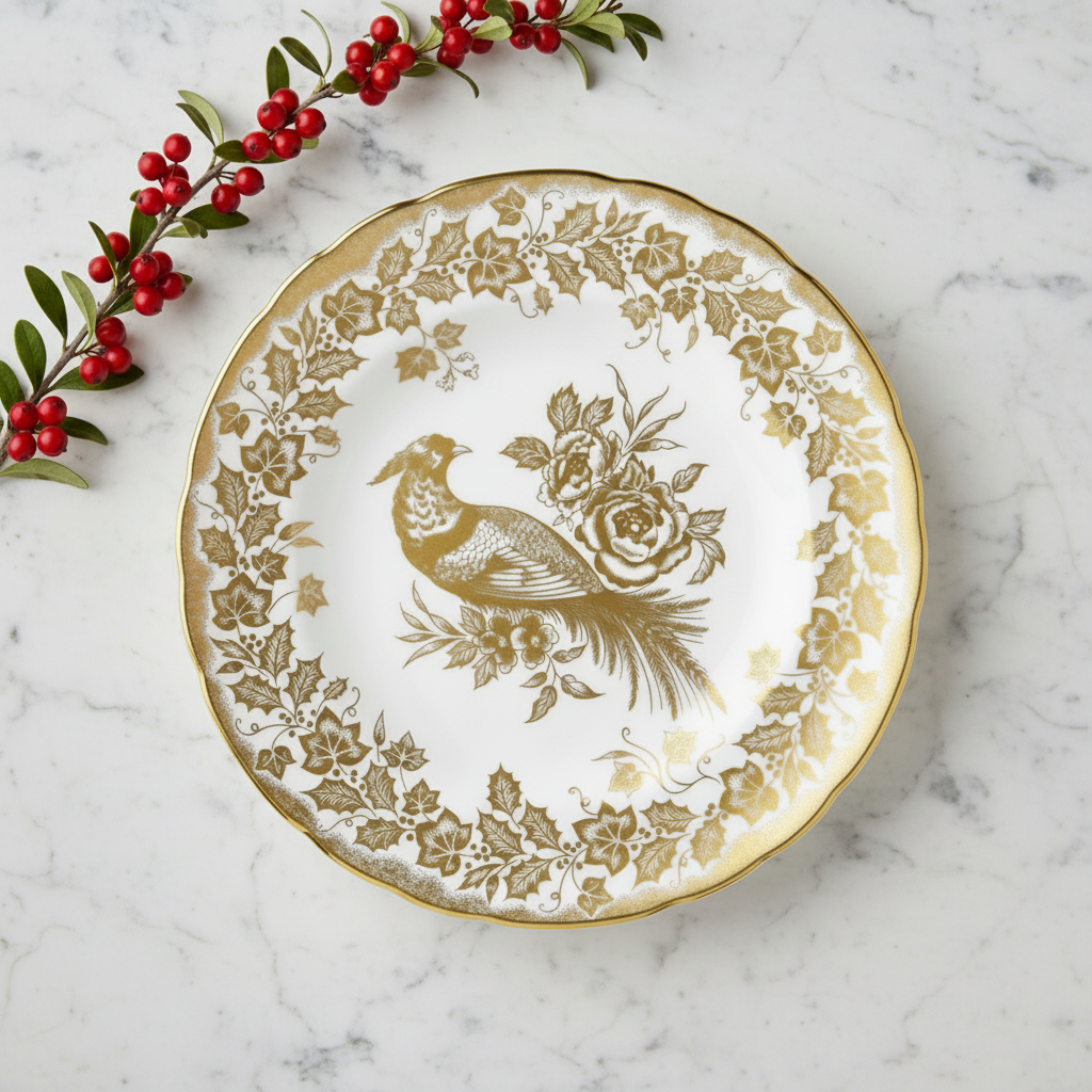 Decorative plate with gold floral and bird design on a marble surface with holly berries.