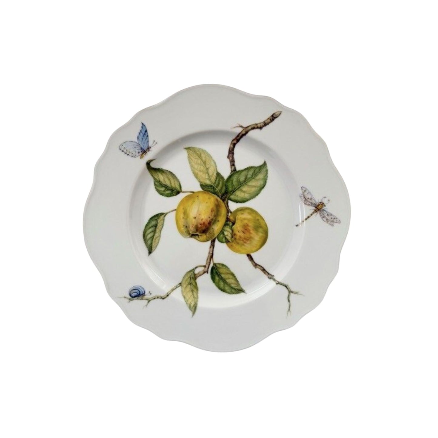 Decorative plate with apple and butterfly design on a white background