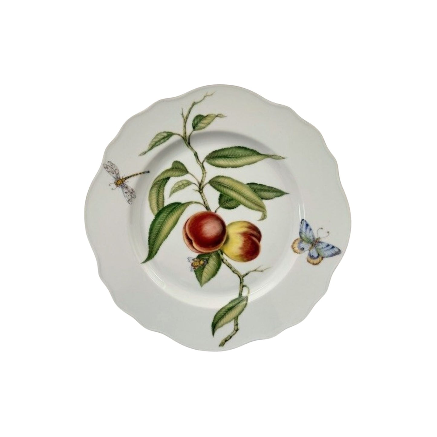 Decorative plate with peach and butterfly design on a white background