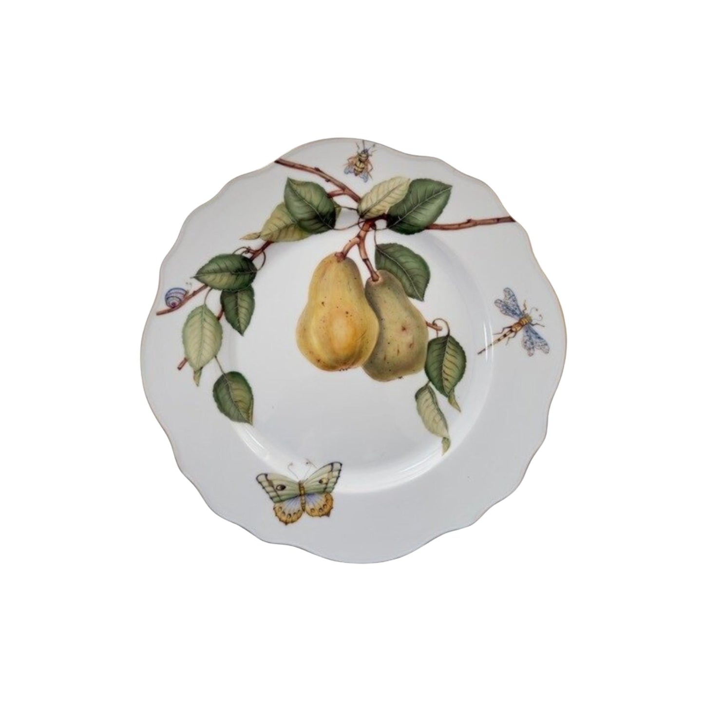 Decorative plate with pears, leaves, and butterflies on a white background