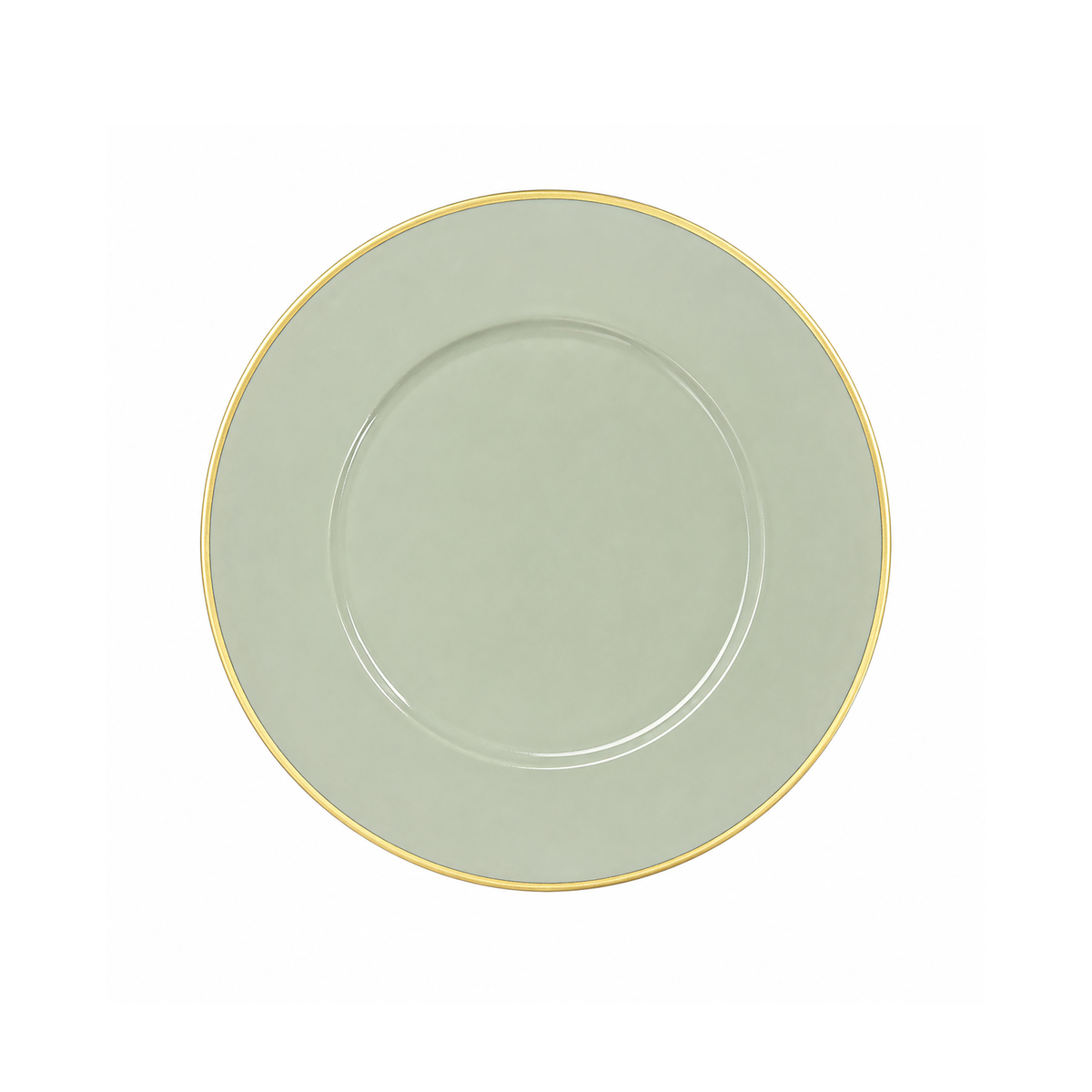 A round ceramic plate in a pale sage green color with a thin gold rim, shown from a top-down view on a solid white background.