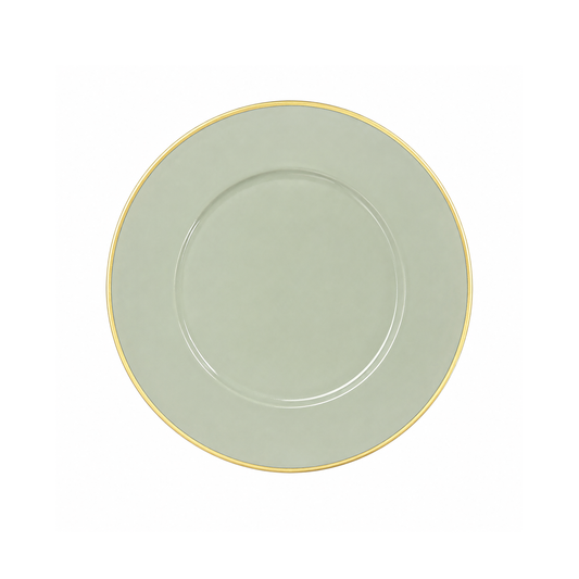 A round ceramic plate in a pale sage green color with a thin gold rim, shown from a top-down view on a solid white background.