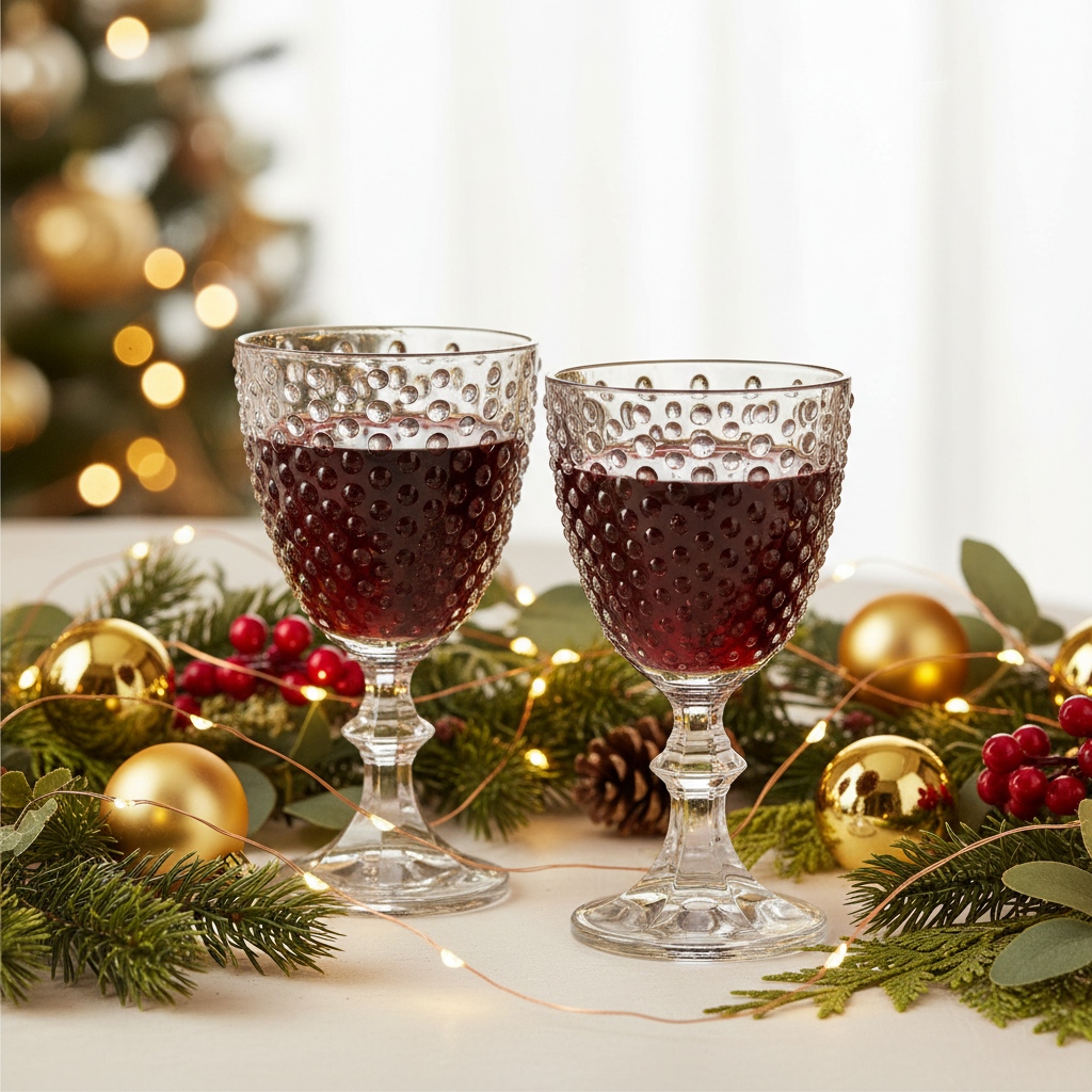 Two glasses of red wine on a festive table with Christmas decorations.