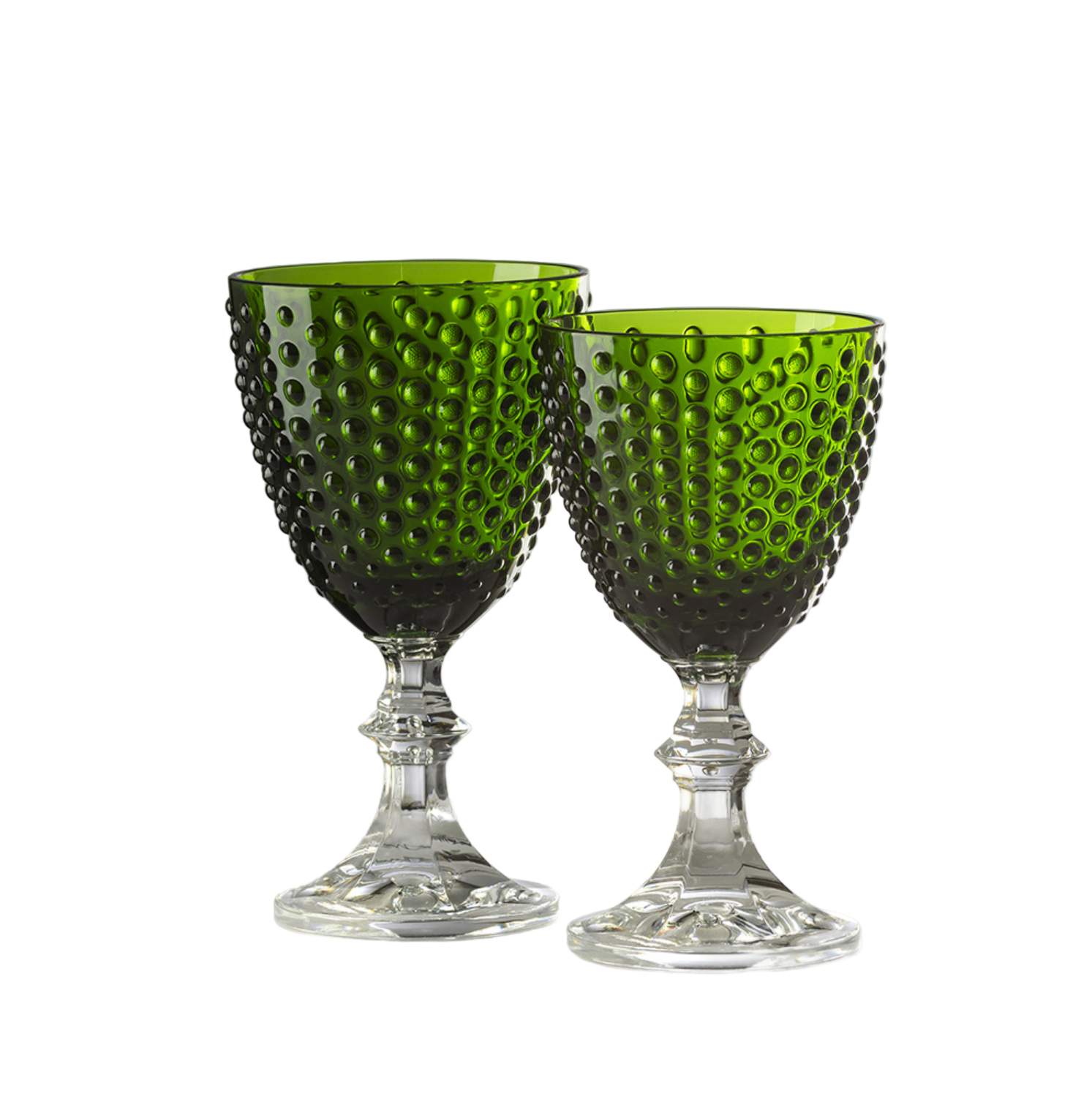 Two green acrylic goblets with a textured design on a white background