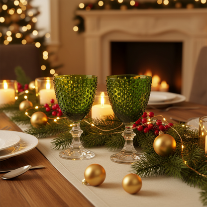 Two green acrylic goblets on a festive table with candles and decorations.