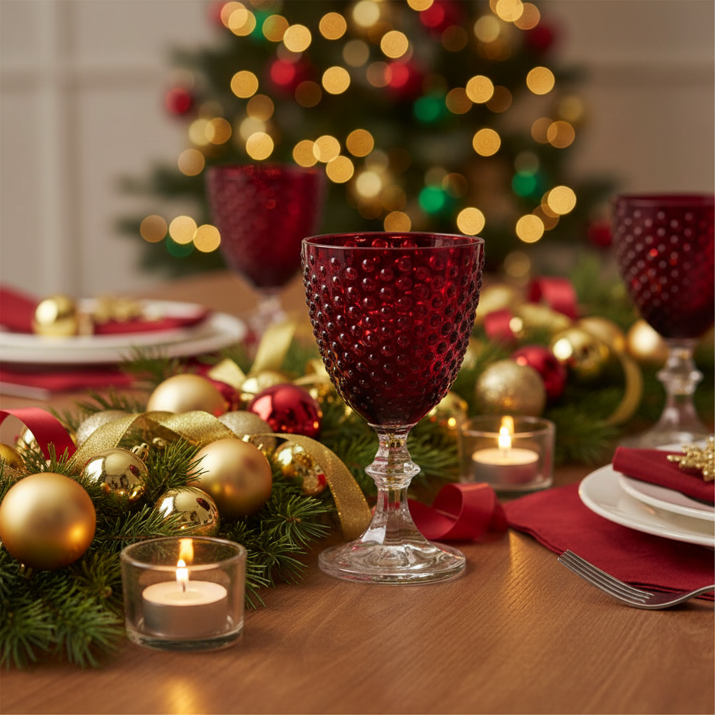 Decorative Christmas table setting with red and gold ornaments, candles, and a blurred Christmas tree in the background.