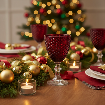 Decorative Christmas table setting with red and gold ornaments, candles, and a blurred Christmas tree in the background.